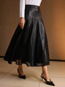 PREMIUM PU LEATHER LACE PANEL FOLD PLEATED SKIRT - Black - View 7