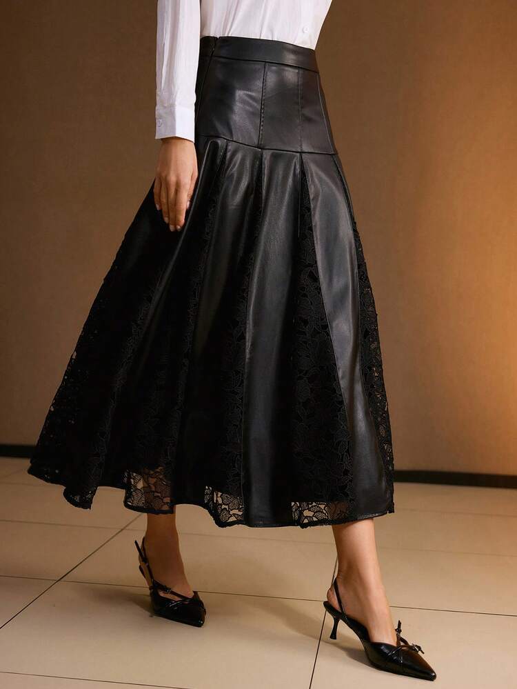 PU LEATHER LACE PANEL FOLD PLEATED SKIRT