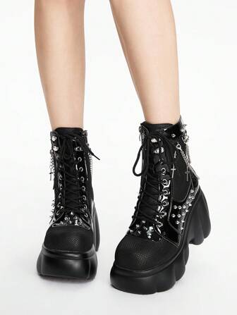 Grunge Punk Women's Black Round Toe Wedge Platform Goth Punk Dark Style Rivet Chain Cross Buckle Fashion Ankle Boots