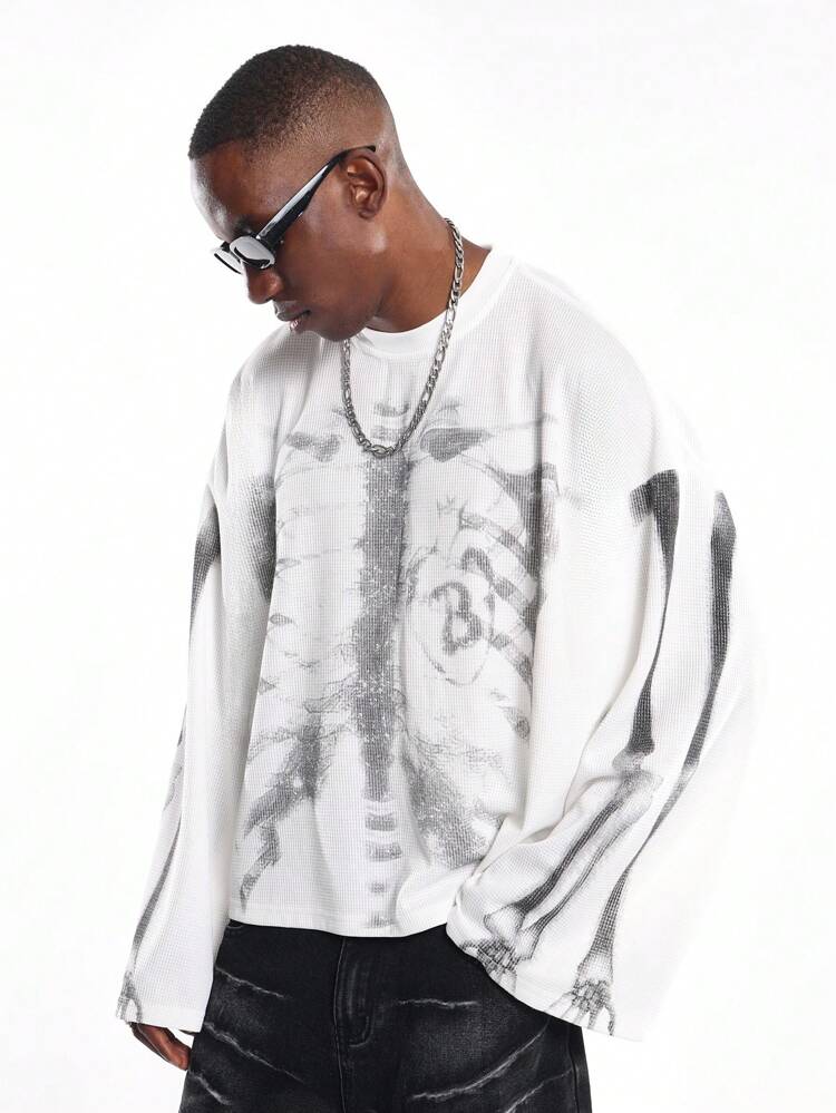 Oversized Waffle Knit T-Shirt With Skeleton Print