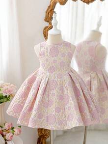 SHEIN 年轻女孩可爱优雅花卉印花连衣裙搭配蓬松开衫套装 - 粉色 - 查看 9