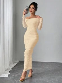 Firerie Đầm Maxi hở vai màu trắng thanh lịch trang trí ngọc trai giả nhún bèo ôm sát lãng mạn cho ngày lễ tình nhân - Màu be - Xem 8