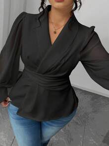 Elenzga Blusa de manga larga con escote en V, parches de malla transparente y lazo, de unicolor, para mujer de talla grande, elegante y de uso casual para la oficina