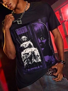 ANNABELLE x SHEIN Men's Horror Figure Graphic Round Neck Short Sleeve T-Shirt, Summer