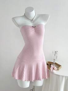 2pcs Women's Autumn/Winter Fashion Outerwear Soft Brushed Ribbed Fabric Long Sleeve Top And Ruched Waist Mini Dress Set, Suitable For Outing And Party Fall Cloth For Women - Pink - View 5