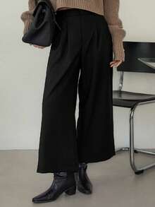 Dazy-Less 女士宽松商务休闲百褶7/8直筒裤，适合办公室、通勤和户外工作，秋冬季 - 黑色 - 查看 4