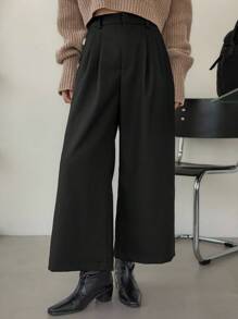 Dazy-Less 女士宽松商务休闲百褶7/8直筒裤，适合办公室、通勤和户外工作，秋冬季 - 黑色 - 查看 6