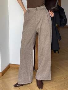 DAZY Women's Loose Solid Color Wool Straight Leg Casual Pants, Thick Autumn/Winter Suit Trousers Fleece Lined Buisness Attire - Brown - View 6