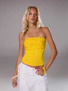 TRNVIE 女士性感细肩带露背弹力腰吊带背心黄色上衣，带花卉串珠装饰，适合夏季度假 - 黃色 - 查看 3