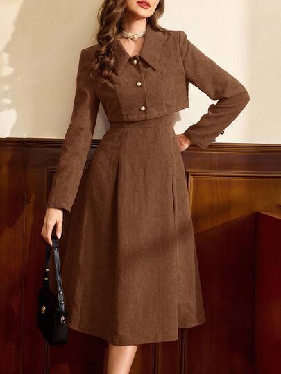 Vintamour 复古女装复古优雅两件套灯芯绒方领A字连衣裙长袖短款珍珠纽扣夹克秋冬女装女装夹克女套装新年夜礼服冬季女装外套两件套冬季服装圣诞女装圣诞服装红色长袖女装红色两件套圣诞女装圣诞派对礼服圣诞服装感恩节礼服红色夹克冬季女装套装