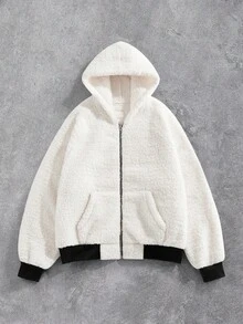 ROMWE MEN Casual Men's Loose Fit Hooded Jacket In Plush Fabric , Fall Winter - White - View 8