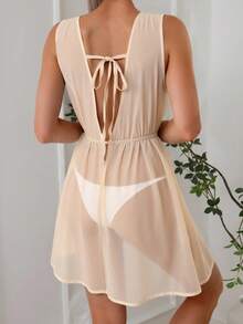 Swim Lushoire Quần áo mùa hè cho phụ nữ váy ngủ babydoll màu trắng thanh lịch lãng mạn rộng rãi bãi biển kỳ nghỉ hè - Màu be - Xem 2