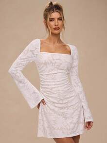 SHEIN BAE Autumn And Winter Women's Birthday Party Outfit White Knitted 3D Floral Square Neck Long Sleeve Tight A-Line Mini Dress,Elegant Wedding Dresses,Autumn/Winter Dress ,New Year Dress,Party Dress ,White Dress, - White - View 5