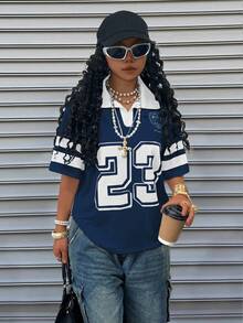 INAWLY Sports Style Retro Numeric Print Short Sleeve Polo Shirt, Suitable For Everyday Wear - Blue - View 3