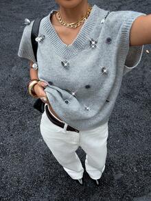 Siren Gaze Áo len nữ cổ chữ V tay ngắn thường ngày, thích hợp mặc hàng ngày vào mùa thu/đông - Xám - Xem 3