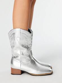 ROMWE Grunge Punk 女士户外时尚刺绣一脚蹬踝靴，2025年春秋季新款时尚西部短靴