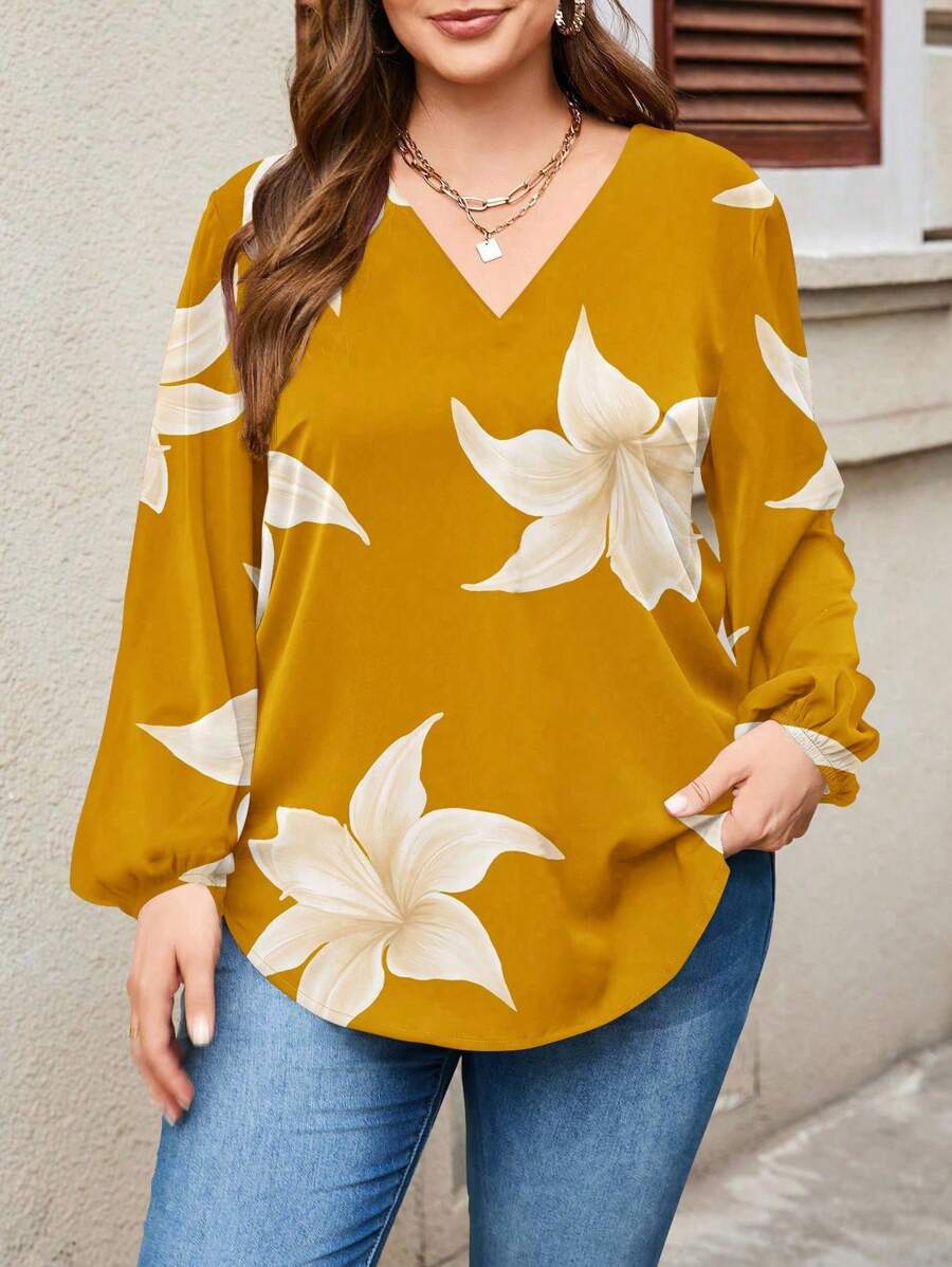 EMERY ROSE Casual Floral Print Loose V-Neck Women Blouse, Suitable For Spring And Autumn And Winter Chic Blouses For Women
