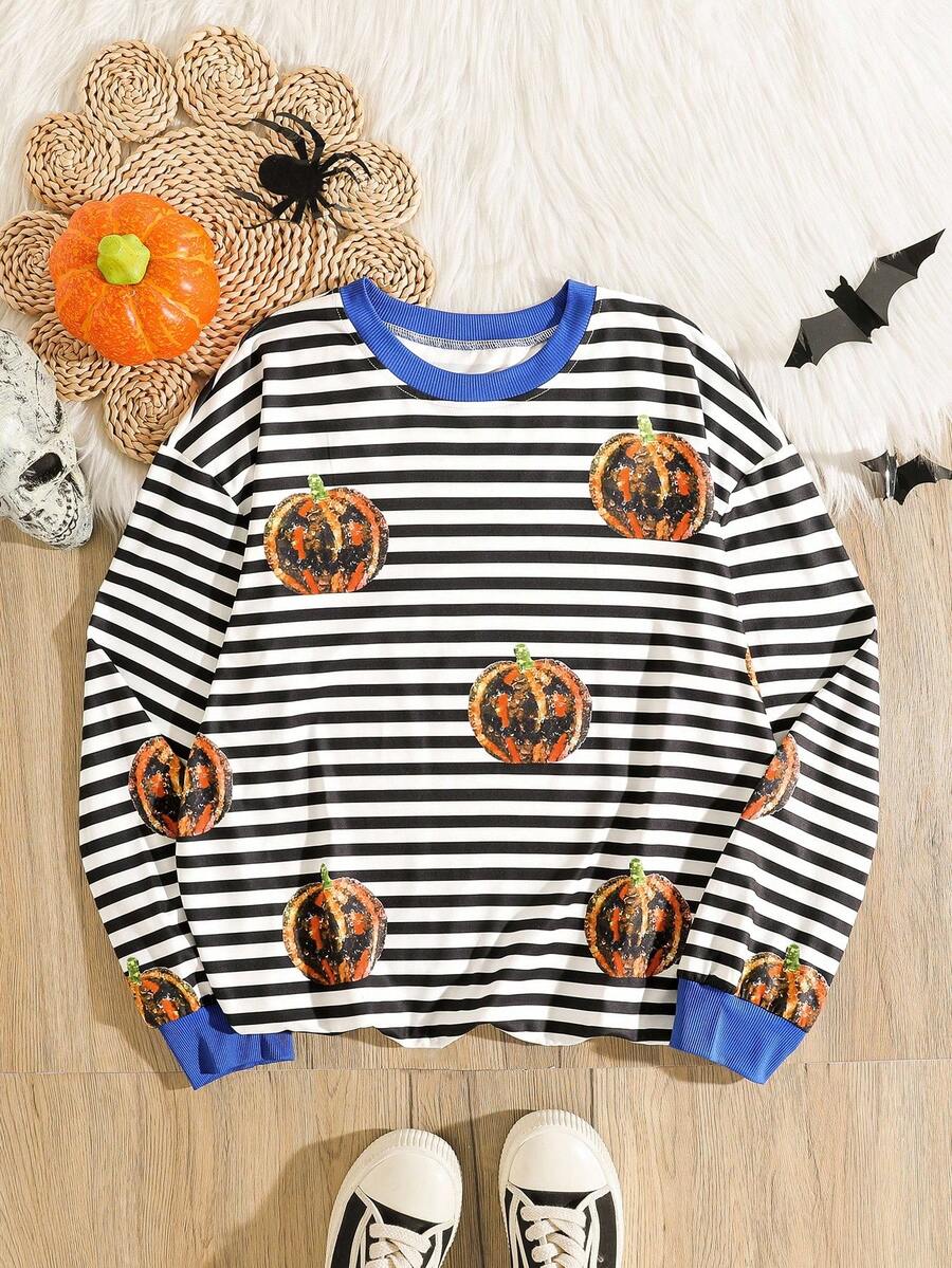 INAWLY Camiseta de manga larga con estampado de calabaza a rayas para mujer, top casual de otoño - Multicolor - Ver 1