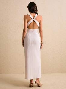 Poéselle Váy hở lưng không tay màu trơn thanh lịch dành cho nữ, mùa hè - Màu be - Xem 3