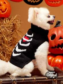 1 件宠物通用万圣节黑色骷髅提花针织弹力舒适狗狗高领毛衣，PETSIN 原创设计 - 彩色 - 查看 4
