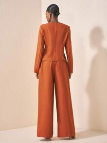 Zivah Conjunto de 2 piezas de lino en marrón rojizo, compuesto por: Chaqueta de manga larga con solapa asimétrica y decoración de botón de metal, cintura ceñida, y pantalón de pierna ancha. Nuevo lanzamiento para otoño/invierno 2025, ideal para festivales de música, graduación, uso diario, vacaciones en la playa, streetwear y elegante para ir al trabajo.