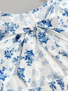 Girlism Tween-Mädchen Rückenfreies, rückenfreies, florales, quadratisches Halsausschnitt, langärmliges Lässig kleid, lässig - Blau-Weiß - Übersicht 3