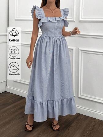 SHEIN Abito lungo elegante da donna con dettagli a volant e righe