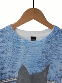 Manfinity Homme Men's Casual Fashionable Street Black Cat Denim Print Long Sleeve Pullover Sweater, Autumn/Winter - Blue - View 4