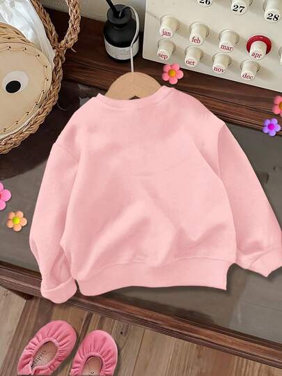 SHEIN Baby Girl Pink And White Daisy Pattern Soft Crew Neck Pullover,Thick Long Sleeve Sweatshirt,Autumn,Casual,Graduation,Cute Elegant Fall Graphic Wear