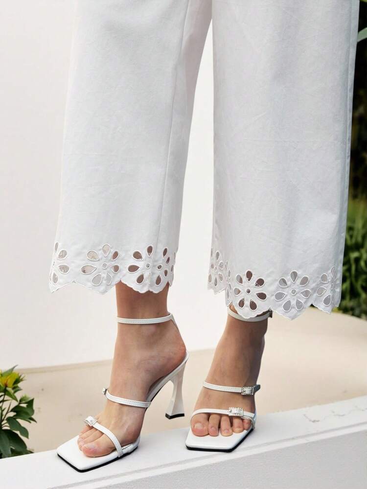 SHEIN Maija 2025 Casual Elegant Classic Embroidered Hem Women's Wide Leg Cargo Pants, Suitable For Winter/Autumn Vacation White Culotte Pants Wide Leg Capri Pants White Capri Pants Eyelet Pants Cutout Hem Pants Cotton Fabric Going Out,Fall For Women,Winter For Women,Winter,Night Out,Going Out Tops Women, Night Out,Date Night,Old Money Style