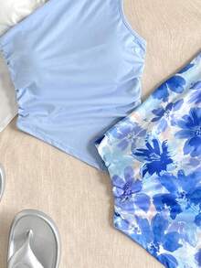 SHEIN Conjunto de 3 piezas con tirantes cómodos y bajo asimétrico para niñas preadolescentes de estilo casual - Azul - Ver 4