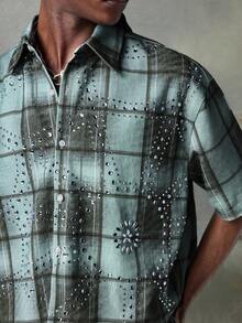NEON BLANC Men's Short Sleeve Casual Blue Plaid Rhinestone Embellished Shirt, Suitable For Halloween - Blue - View 4