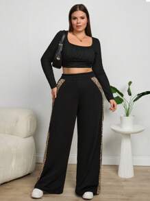 EURMUSE Leopard Trim Belly Detailed Long Wide Leg Black Pants - Black - View 5