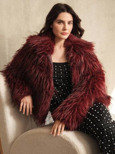 Anewsta Fashionable Burgundy & Black Faux Fur Short Jacket For Women, Autumn/Winter