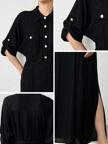 Uhlyne 女装秋季新款法式通勤度假休闲X型亚麻单排扣金属纽扣长袖衬衫裙 - 黑色 - 查看 5