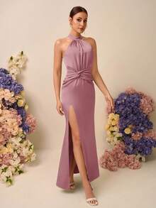 SHEIN Belle Elegant Romantic Satin Halter Neck Sleeveless Ruched Twist Mermaid High Slit Backless Dress, Suitable For Weddings, Events, Dates, Bridesmaid - Dusty Pink - View 5