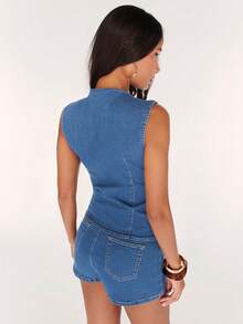 SHEIN BAE 女士休闲系带无袖上衣和牛仔短裤套装，夏季 - 中等水洗藍 - 查看 2