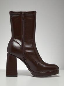 SHUZIA 女士时尚舒适弹力PU粗跟拉链踝靴 - 棕色 - 查看 5