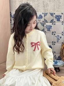 DAZY Young Girls Korean Style Fresh & Cute Bow Contrast Color Long Sleeve Cardigan, Autumn/Winter - Apricot - View 8