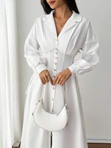 SHEIN PETITE Women's Front Button Solid Color Elegant Long Sleeve Dress Long Evening Dresses White Button Up Dress White Shirt Dress