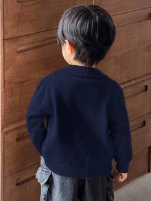 SHEIN 男童休闲扭花前拉链针织开衫 - 藏蓝色 - 查看 6