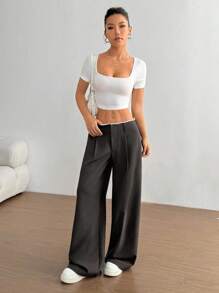 Flirla 女士时尚修身直筒裤，百搭 - 深灰色 - 查看 6