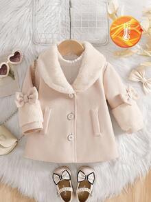 Souflis Souflis Baby Girls' Fluffy Bow V-Neck A-Line Long Sleeve Jacket. V-Neck Fluffy 3D Bow Sleeve Design, Exquisite And Elegant. Long Sleeve A-Line Silhouette With Faux Pockets, Classic And Graceful. Whether To Play Or Attending A Family Gathering, The Baby Can Be The Most Shining Presence. Fall Winter