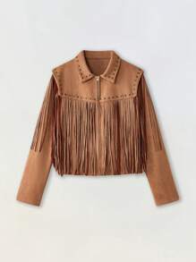 Maija 女士绒面短款开衫，带领，长袖，秋冬季款，饰有荷叶边口袋、流苏细节和撞色铆钉 - 棕色 - 查看 7