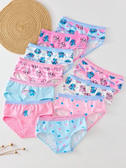 SHEIN GraphicGems 10 件/套年轻女孩可爱卡通动物印花三角内裤，彩色兔子图案，夏季