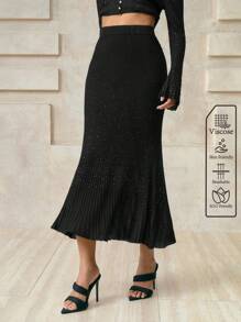 Arave 女士优雅水钻褶饰鱼尾下摆针织中长裙 - 黑色 - 查看 2