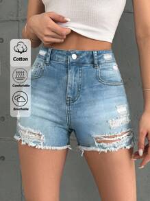 EURMUSE Heavy Destroy Mini Short Back Label On Waist - Medium Wash - View 1