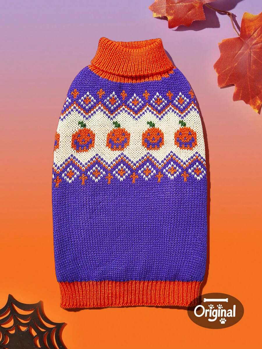 1 件宠物猫狗通用万圣节紫色南瓜几何提花针织高领弹力舒适保暖狗毛衣，PETSIN 原创设计 - 彩色 - 查看 1