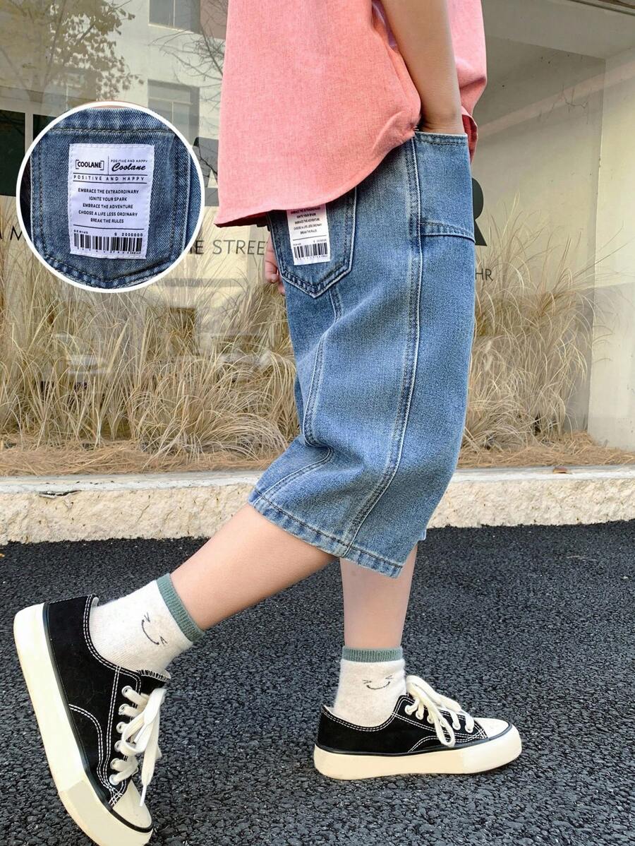 SHEIN Teen Boy Fashion Casual Patch Details Design Blue Conical Loose And Comfortable Basic Daily Simplicity Denim Shorts For Teen Boy Clothes Boys Costume Dailywear And Teen Boy Summer And Spring Rave Outfits Festival And Beach Outfits Clothes