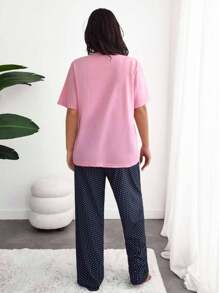 EURMUSE Cottonline 2pcs Plus Size Contrast Colour Moon Printed Short Sleeve Shirt And Star Printed Sleep Bottom PJ Set - Pink - View 2